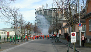 Wabash students witnessed a protest by angry dockworkers in Strasbourg during an immersion trip for Politics of the European Union.