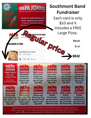 Papa Johns Free Pizzas Fundraising Card - $10