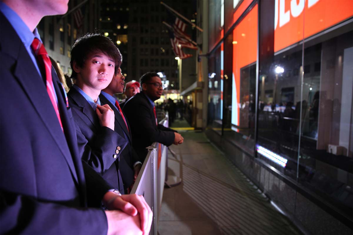Sebastian Wang ’22 waits for the Today Show to begin filming during Glee Club’s trip to New York City in 2020.