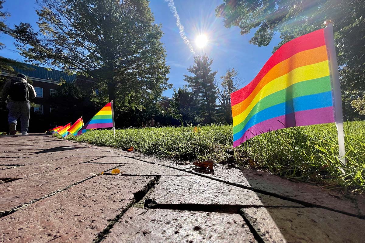 Pride flags decorated the mall on campus to celebrate LGBTQ+ History Month in October 2021.