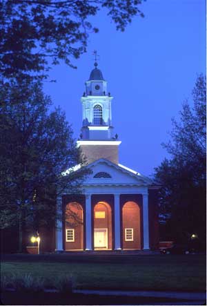 The tower of the Pioneer Chapel at night