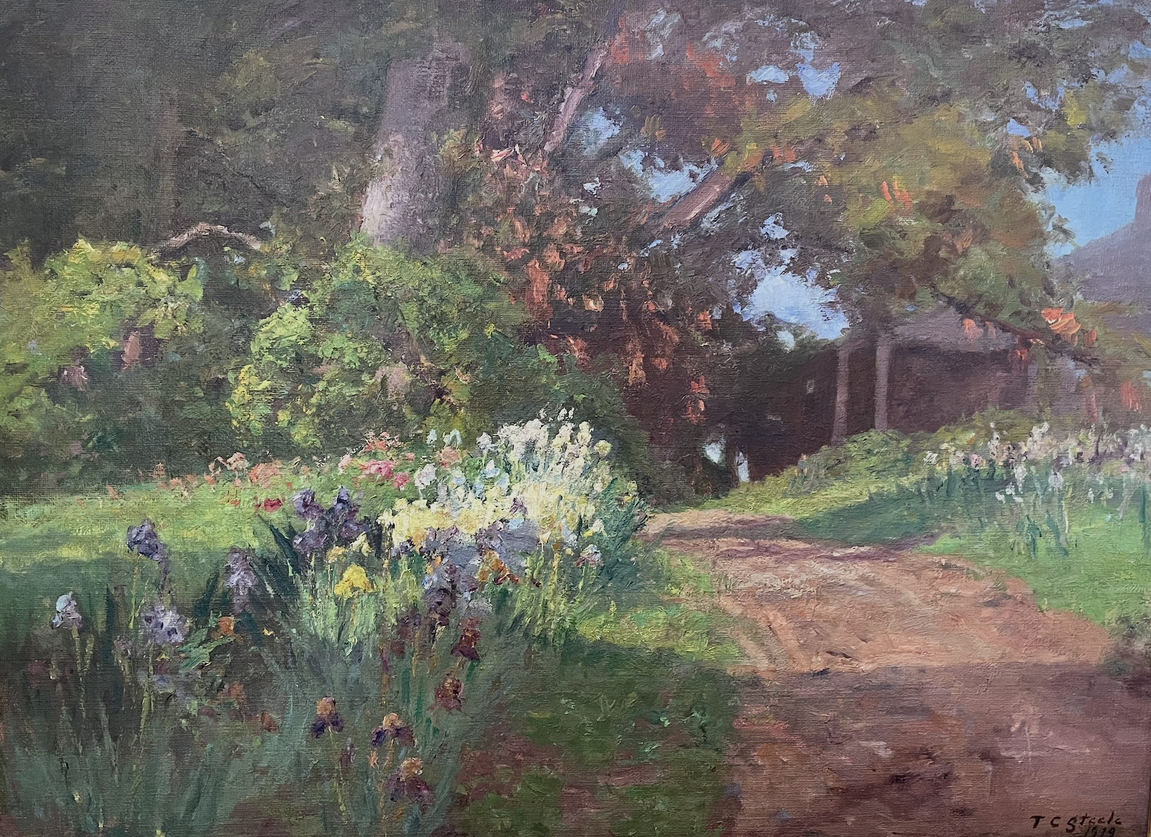 An oil painting of a dirt driveway through woods