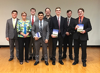 Baldwin Oratorical Contest Finalists, Judges, and Emcee Back row: Kaz Koehring ’18, Joseph Whitaker ‘19, Scott Bowling, Michael Nossett ‘11 Front row: Jane Christophersen, Gabriel Anguiano ’20, Benjamin Manahan ’21, Ben Johnson ‘18