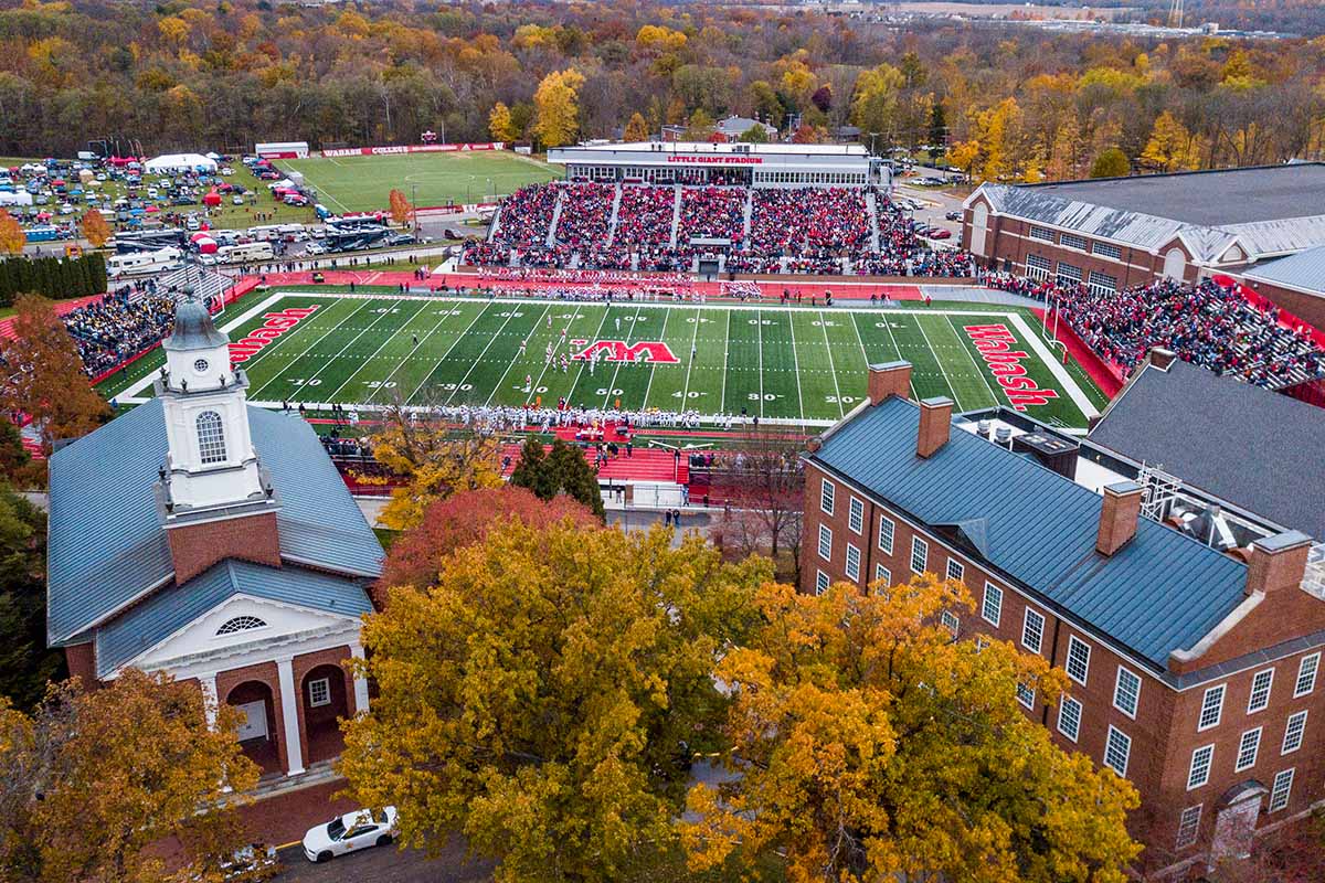 drone view of Little Giant Stadium during Monon Bell game