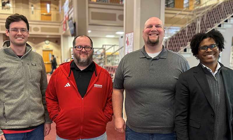 Newly tenured members of the faculty Matthew Gorey, Eric Dunaway, Joe Scanlon &rsquo;03, and Julian Whitney.