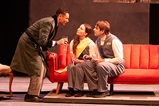 (from left) Sean Bledsoe, Isabela de Assis-Wilson, and Preston Parker in the Wabash Theater production of "1984."