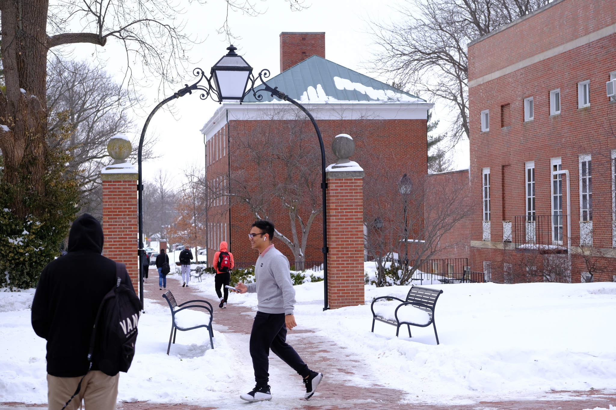Students on campus after a fresh snowfall.