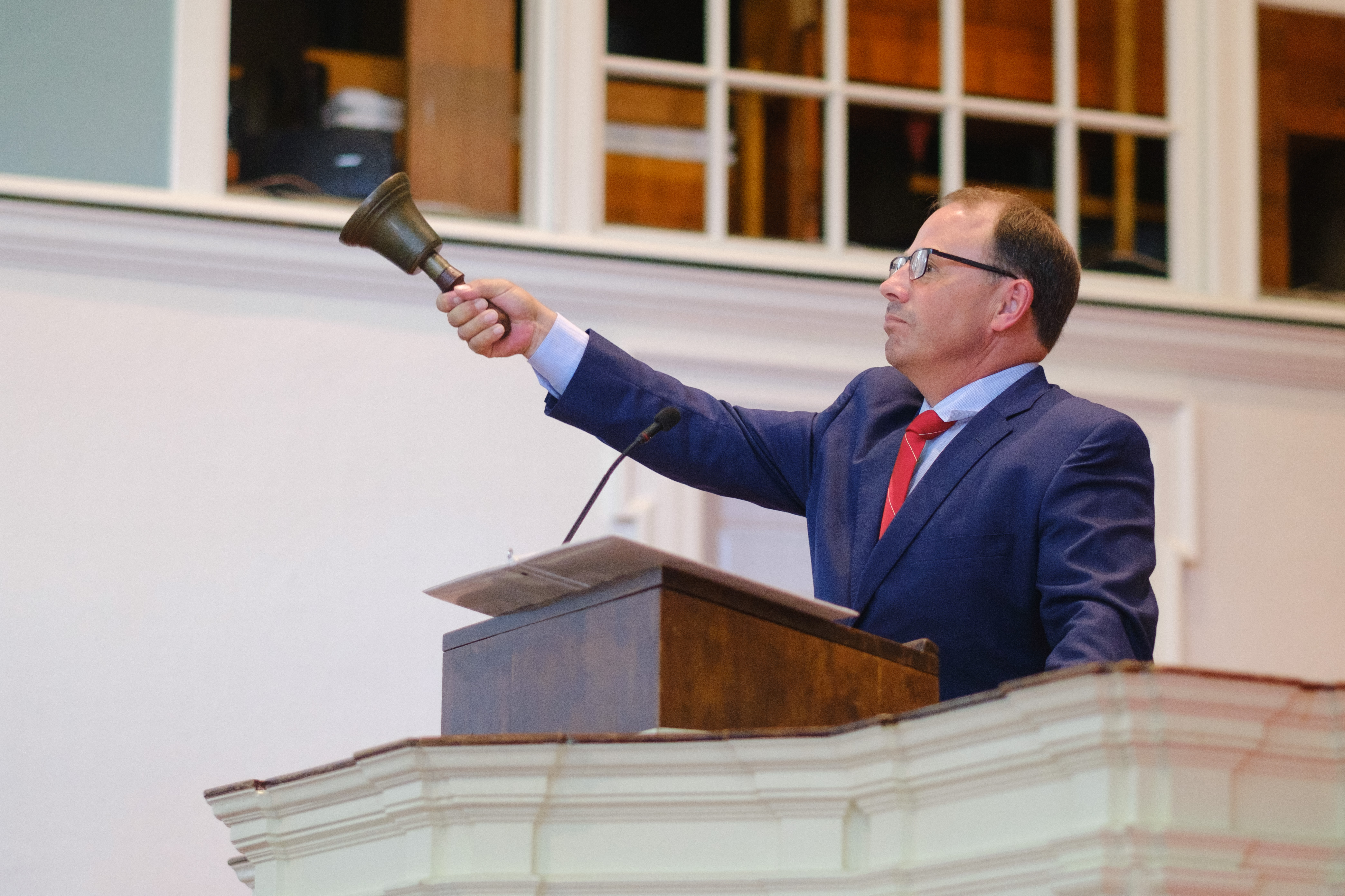 Wabash President Scott Feller rang in the Class of 2026 on Saturday, August 20, 2022, inside Pioneer Chapel. 