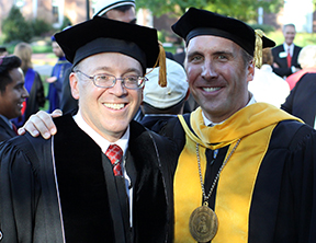Wabash President Gregory Hess and DePauw President Brian Casey in a photo taken at the inauguration of Hess as Wabash's 16th president.