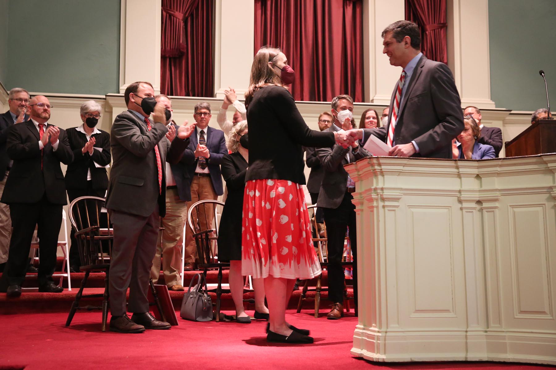 Wysocki receives the McLain-McTurnan-Arnold Excellence in Teaching Award at the 2022 Awards Chapel from Dean of the College Todd McDorman.