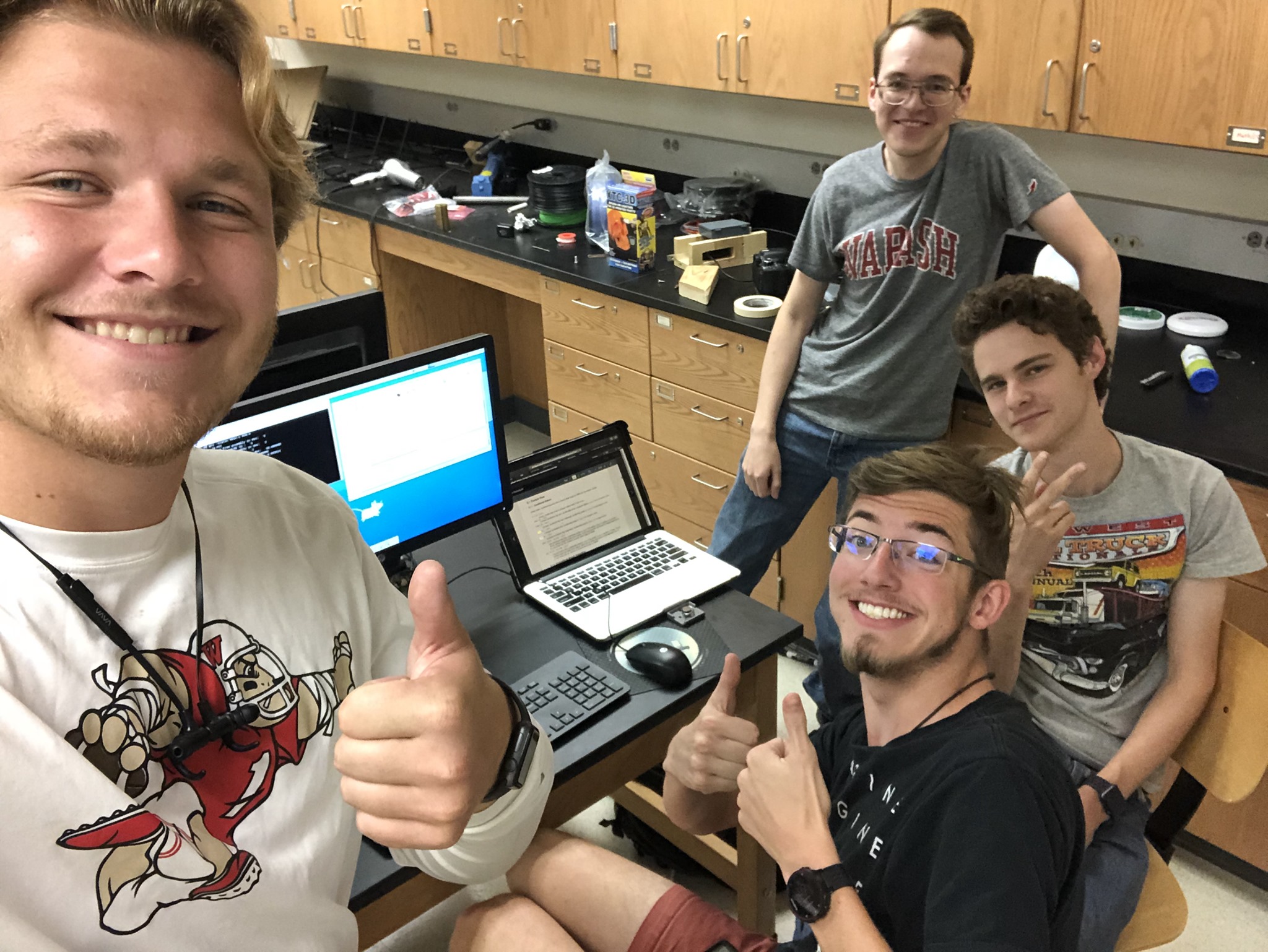 Computer science students love AArch64 assembly! Zach McMann ’20, Rippy, Joel Bailey ’21, and Logan Montgomery ’21 work in the CSC Experimental Laboratory. 