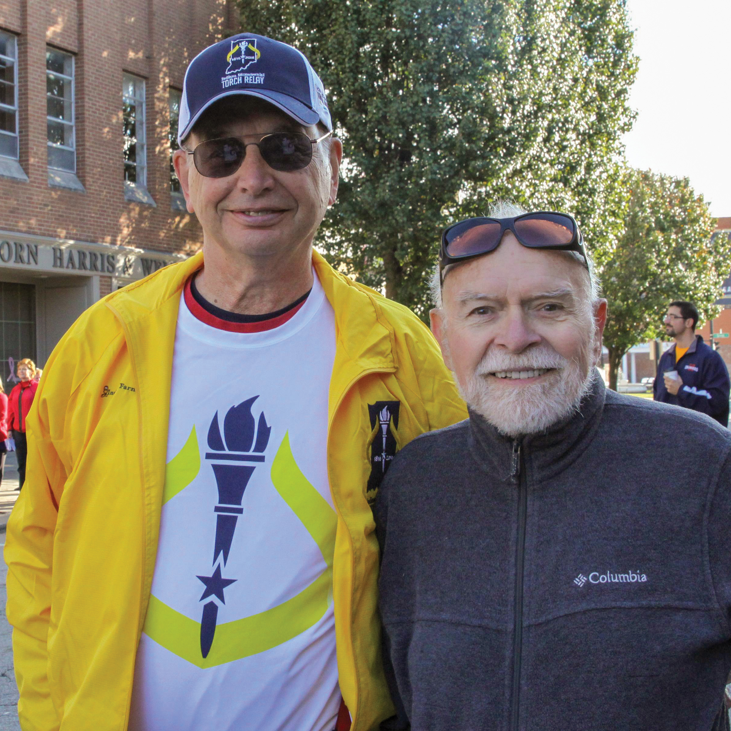 Bill Doemel H’74 and Aus Brooks ’61 during the Indiana Bicentennial Torch Relay in 2016.
