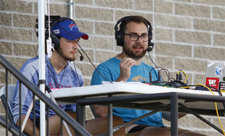 Bullock (right) handled play-by-play commentary for the soccer team’s livestreams. He is pictured with broadcast partner Noah McRoberts '25.