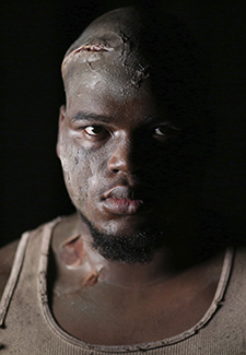 Tim Fields ’19 in makeup for the production of Frankenstein