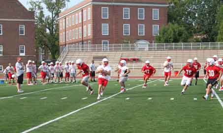 Wabash players working on 11-on-11 drills during preseason camp.