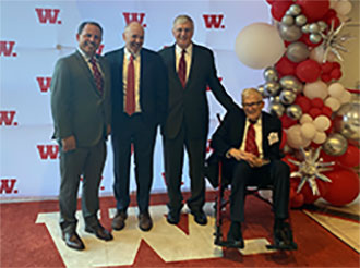 Current Wabash College President Scott E. Feller (far left) with predecessors Greg Hess, Patrick White, and Andrew T. Ford at Feller's inauguration as the 17th President of the College in October 2021.