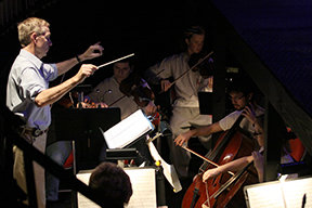 Dr. Richard Bowen conducts the orchestra for Guys and Dolls