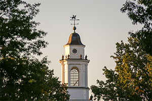 The Pioneer Chapel steeple at Wabash College.