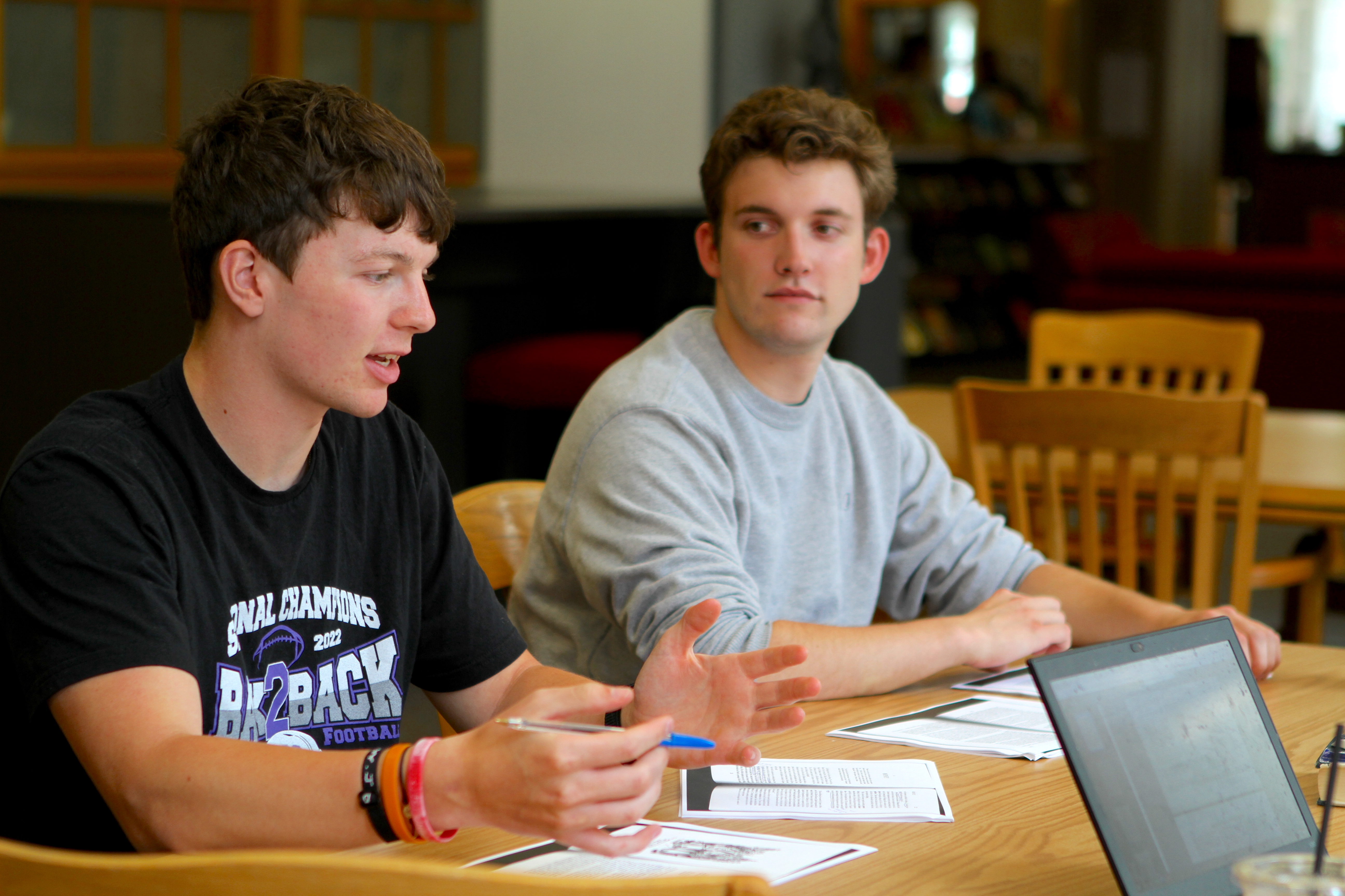  Chris Runyon ’26 (left) and Gavin Hill ’24 met frequently with Professor Shamira Gelbman to discuss new avenues of investigation they discovered while researching and inputting data.  