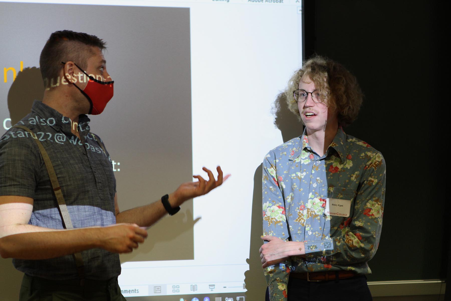 Henry Egan ’22 talks with English Professor Elan Pavlinich after presenting “Wabash College and Gender: Reflections and Suggestions” at the 22nd Celebration of Student Research, Scholarship, and Creative Work. 