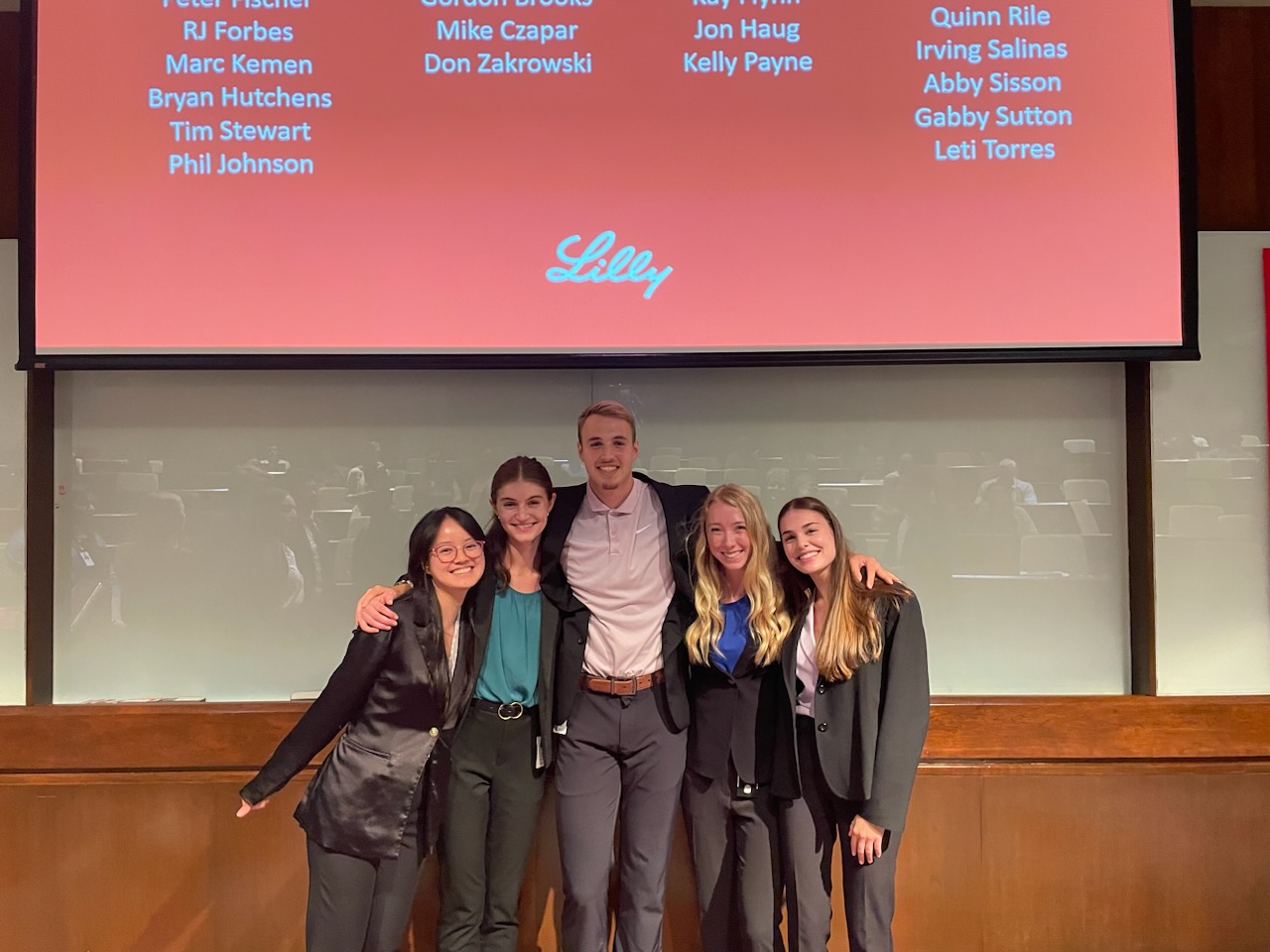 Champ McCorkle ’24 (middle), a financial mathematics and philosophy double major from Greenwood, Indiana, worked as a finance intern. “The opportunity to improve and save lives while working in finance was something I did not think was possible,” he said, “until I came to Lilly.”  