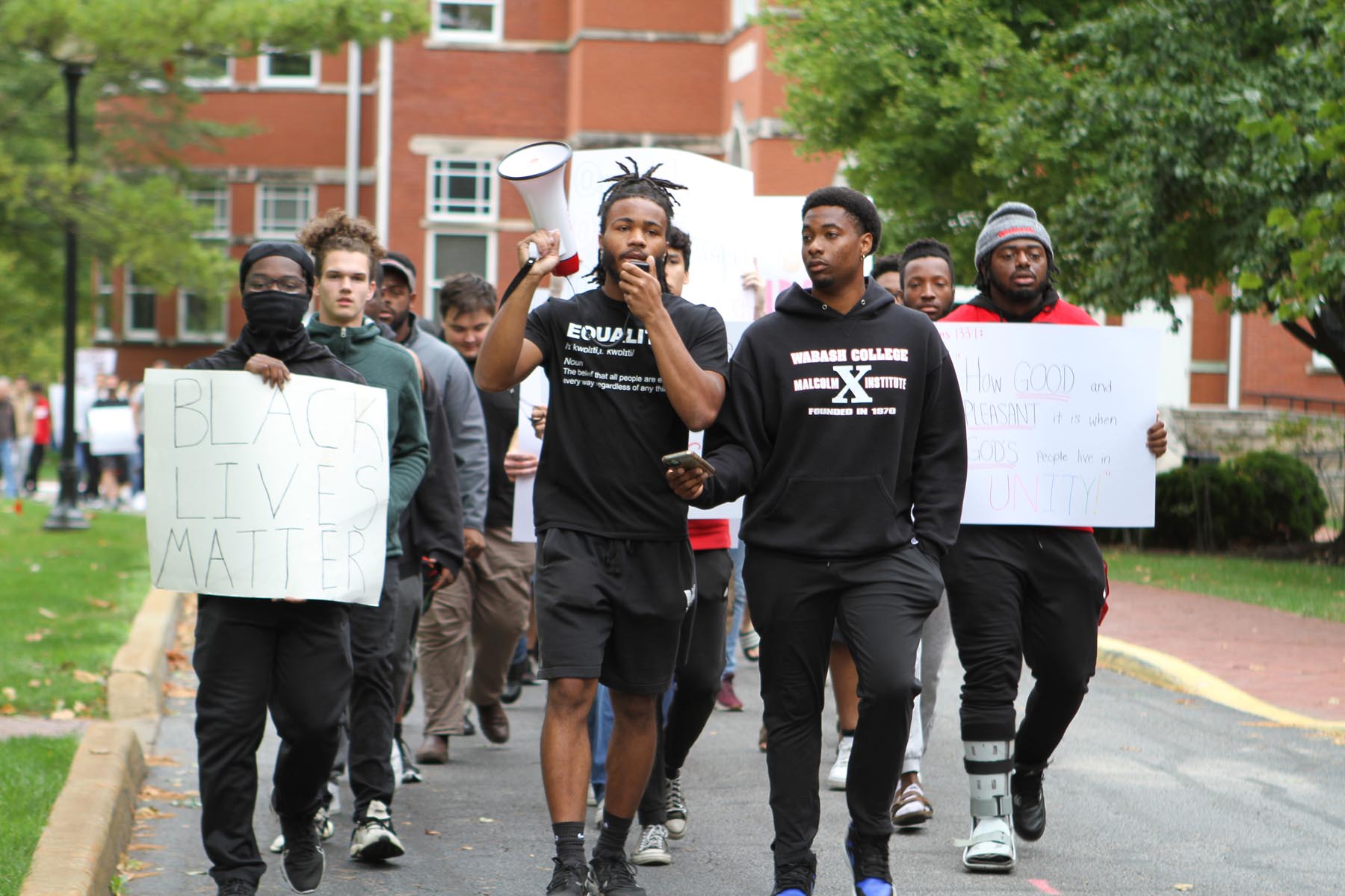 “There is no room for hate at Wabash College,” Leo Warbington (center) said, addressing participants ahead of the campus wide-unity walk on Oct. 12, 2021. 