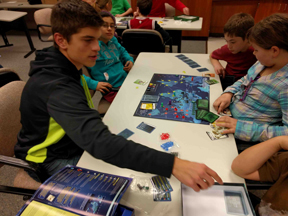 Luke Borinstein with students at Hoover School