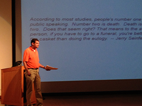 Professor Todd McDorman teaches public speaking on Sunday.