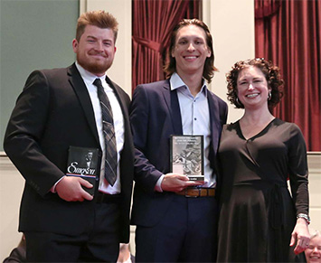 Fertig Prize recipients Joe Mullin '24 (left) and Ethan Stonis '23 with Crystal Benedicks, Associate Professor of English.