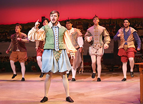 Logan Weilbaker ’25 performs as Nick Bottom during a production of Something Rotten!