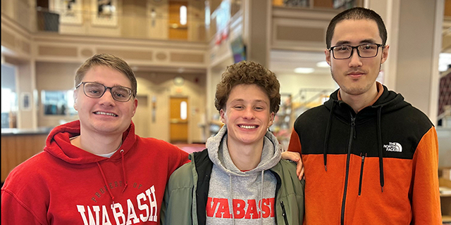 three seniors from the Wabash College Video Network&rsquo;s live broadcast crew, Myles Bernat &rsquo;26, Kean Chen &rsquo;26, and Braiden Foster &rsquo;26.