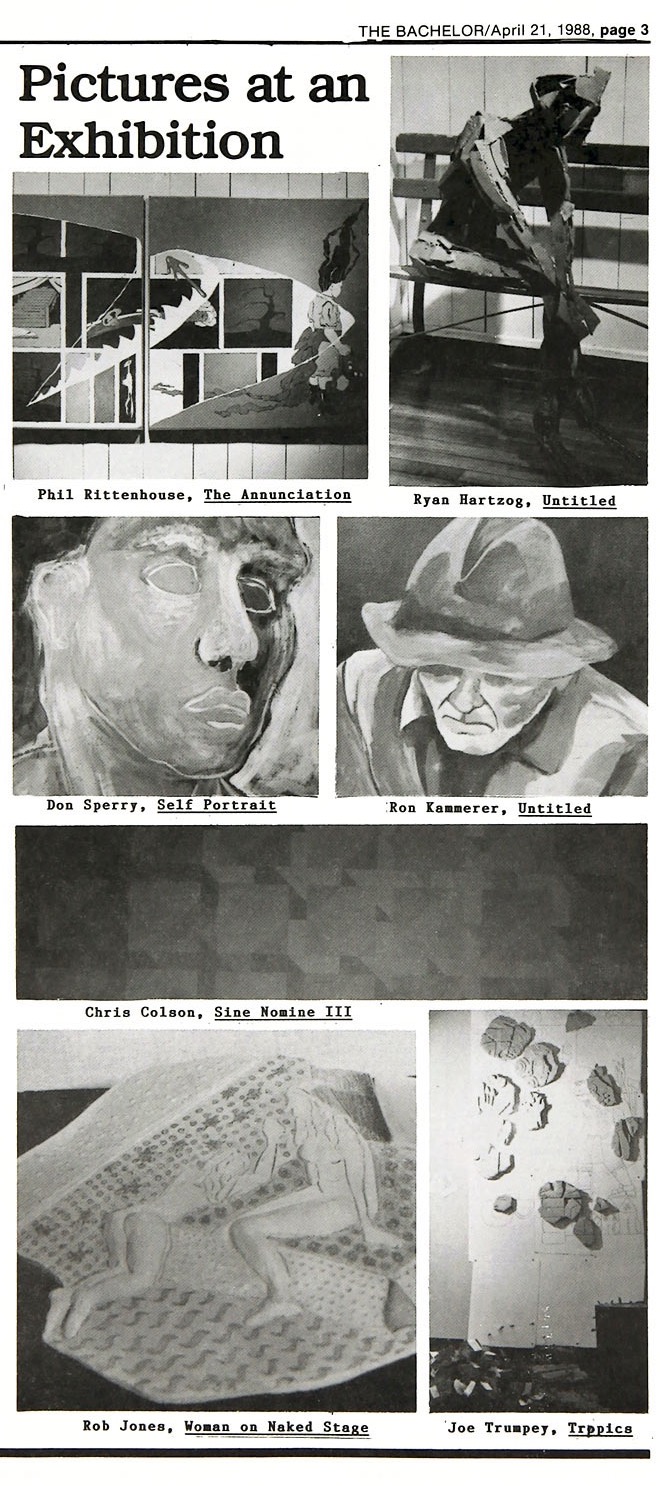 Hartzog’s art (top right) is featured in a 1988 article in The Bachelor. 