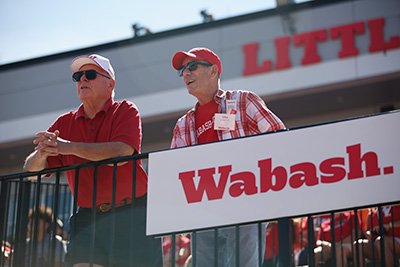 Alumni cheer for the Little Giants on Frank Navarro Field at Wabash Homecoming 2024.