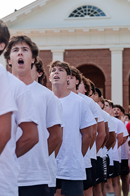 Freshman belt out "Old Wabash" at Chapel Sing 2024.