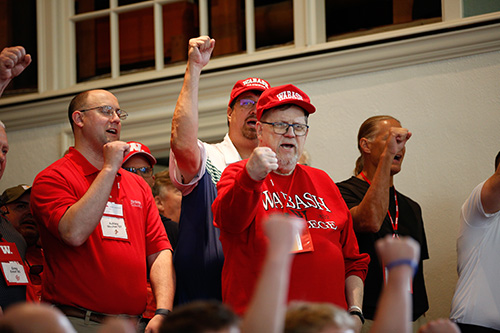 Alumni sing "Old Wabash" in Pioneer Chapel.