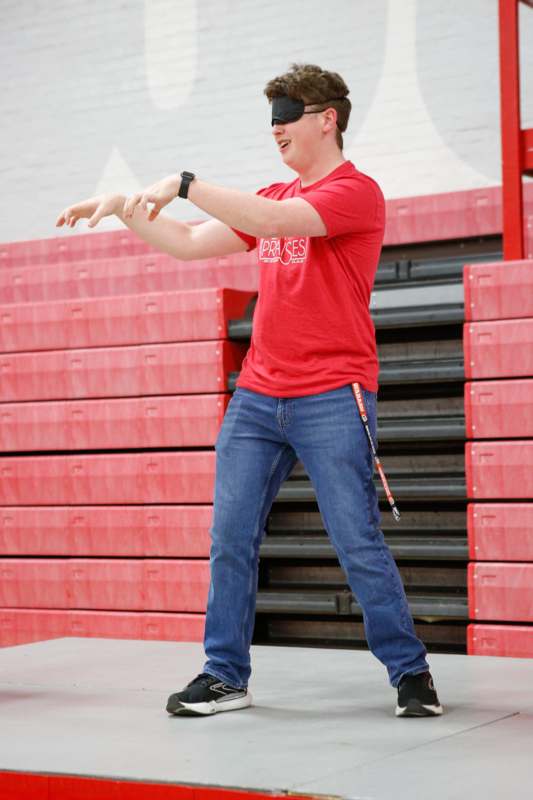 a man in a red shirt