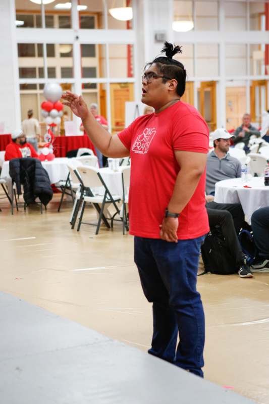 a man in a red shirt