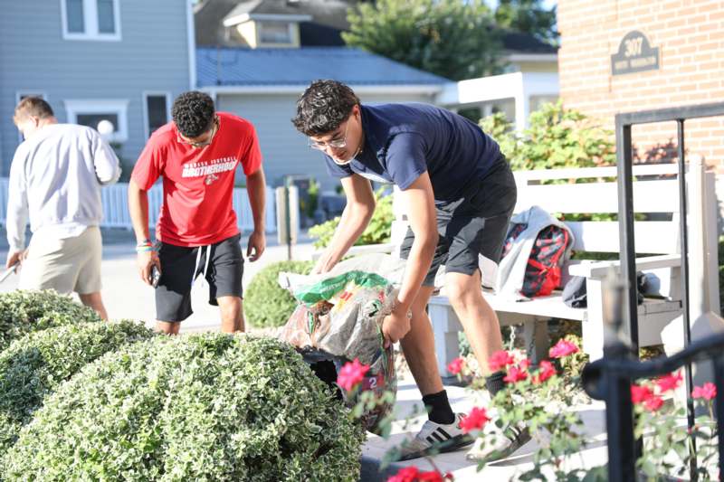 a group of men picking up plants