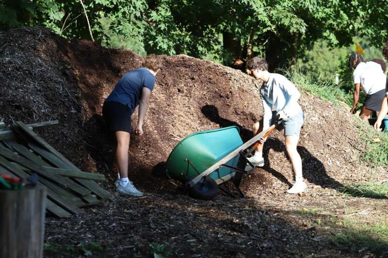 a couple of people pushing a wheelbarrow