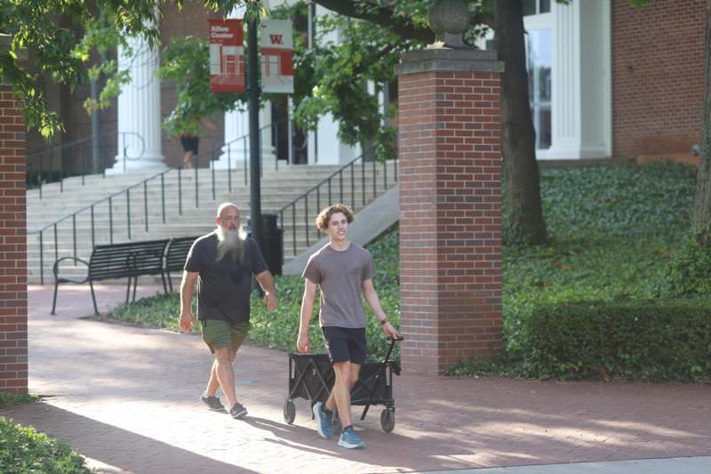 a man pushing a cart with a man walking on a brick path