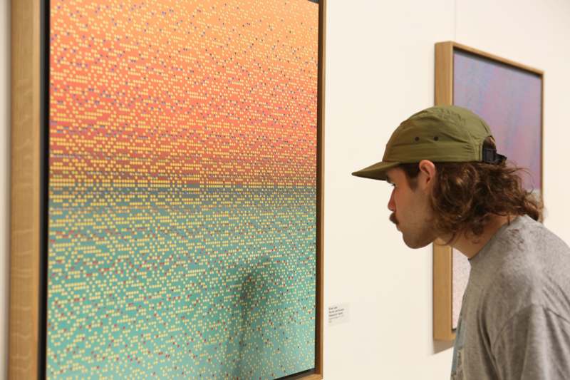 a man looking at a painting