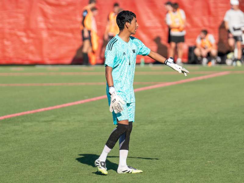 a man in a blue shirt and white gloves on a field