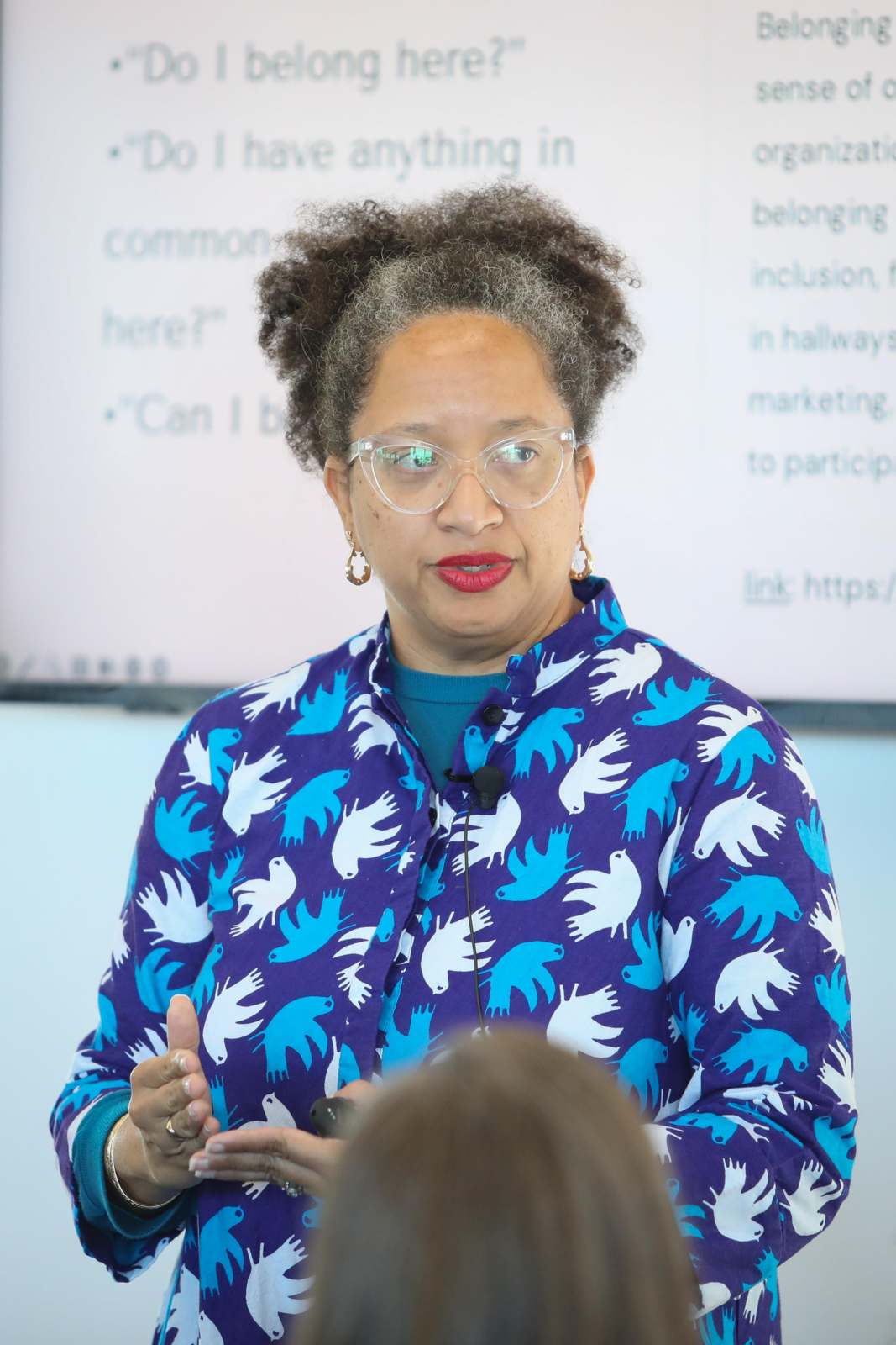 a woman in a blue shirt