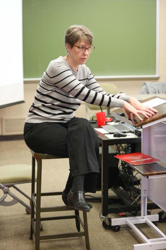 a woman sitting at a desk