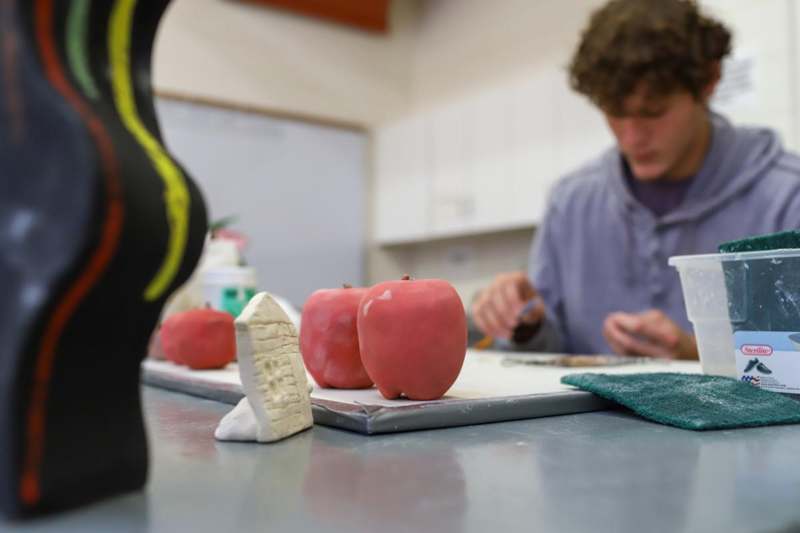 a man painting apples on a table