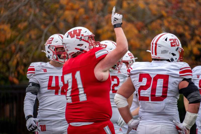 a football player with his arm raised