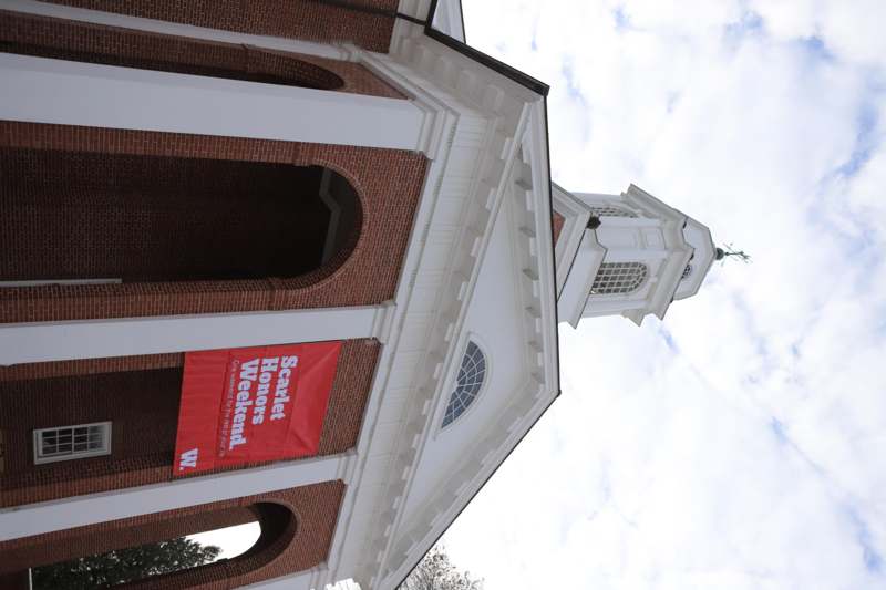 a building with a red banner