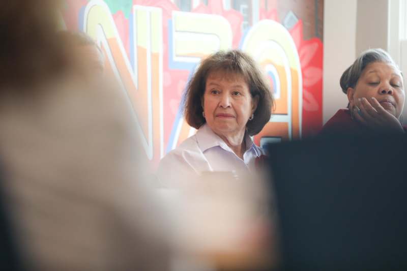 a woman looking at something