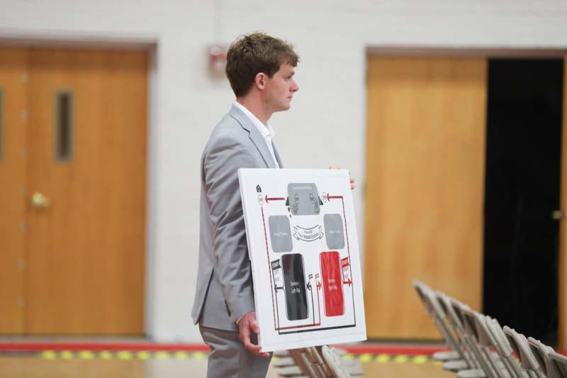 a man holding a poster