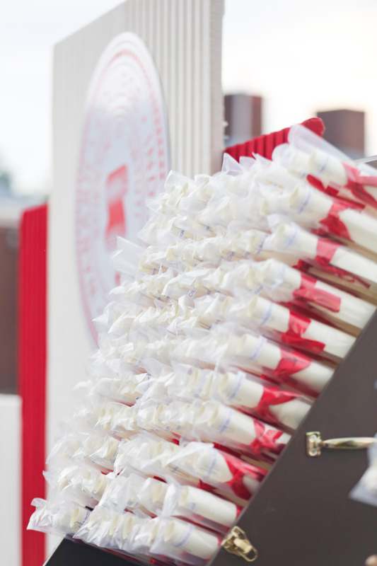 a group of white and red objects